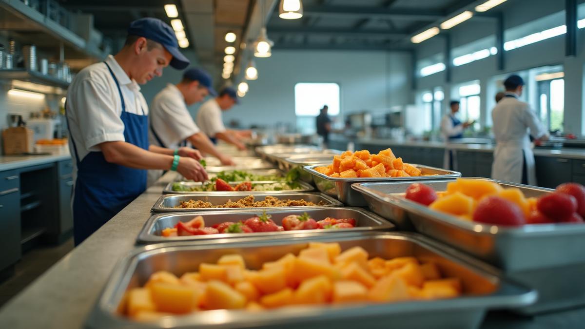 Cantina moderna em fazenda com bandejas de refeições saudáveis e coloridas