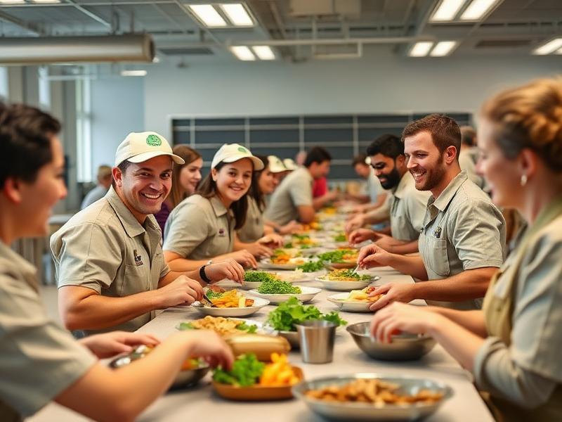 Funcionários rurais felizes se alimentando em cantina moderna e organizada